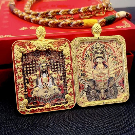 Wutai mountain thangka wuye twelve zodiac gilt double-sided stereo relief thangka pendant eight great guardian chain
