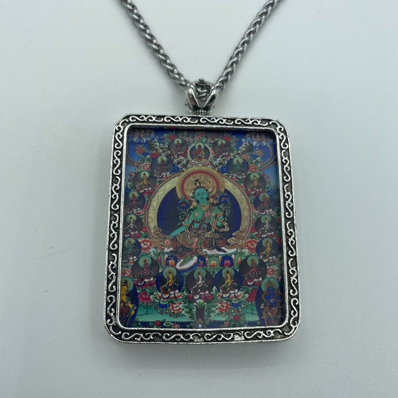 Guanyin tears avatar 21 green tara pendant thangka retro thai silver necklace