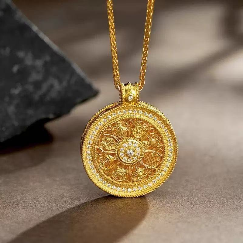 Sand Gold Six-Character Mantra Rotating Eight Auspicious Symbols Compass Pendant Necklace