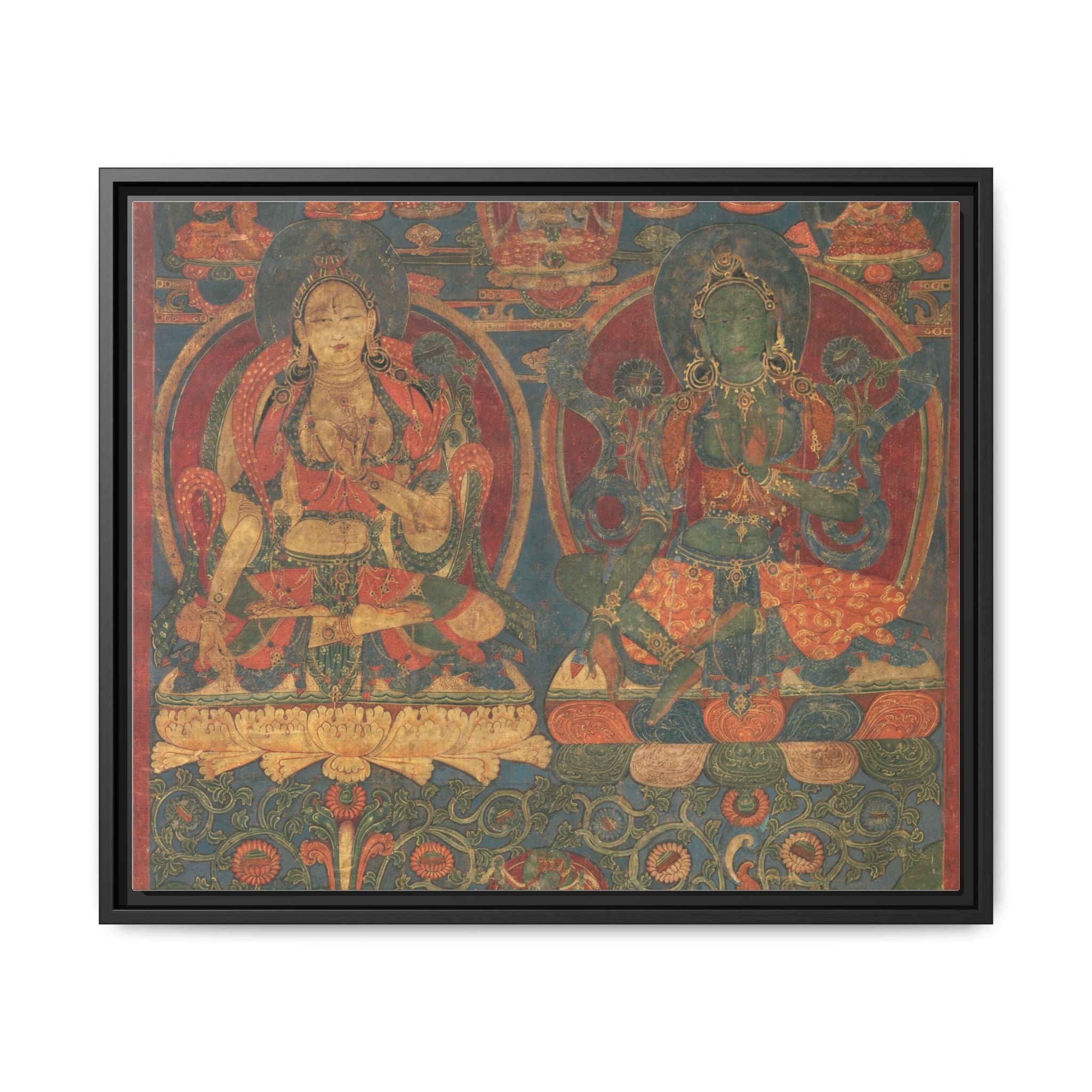 Green Tara White Tara Tibetan Buddhist Thangka  Matte Canvas Framed Art Print