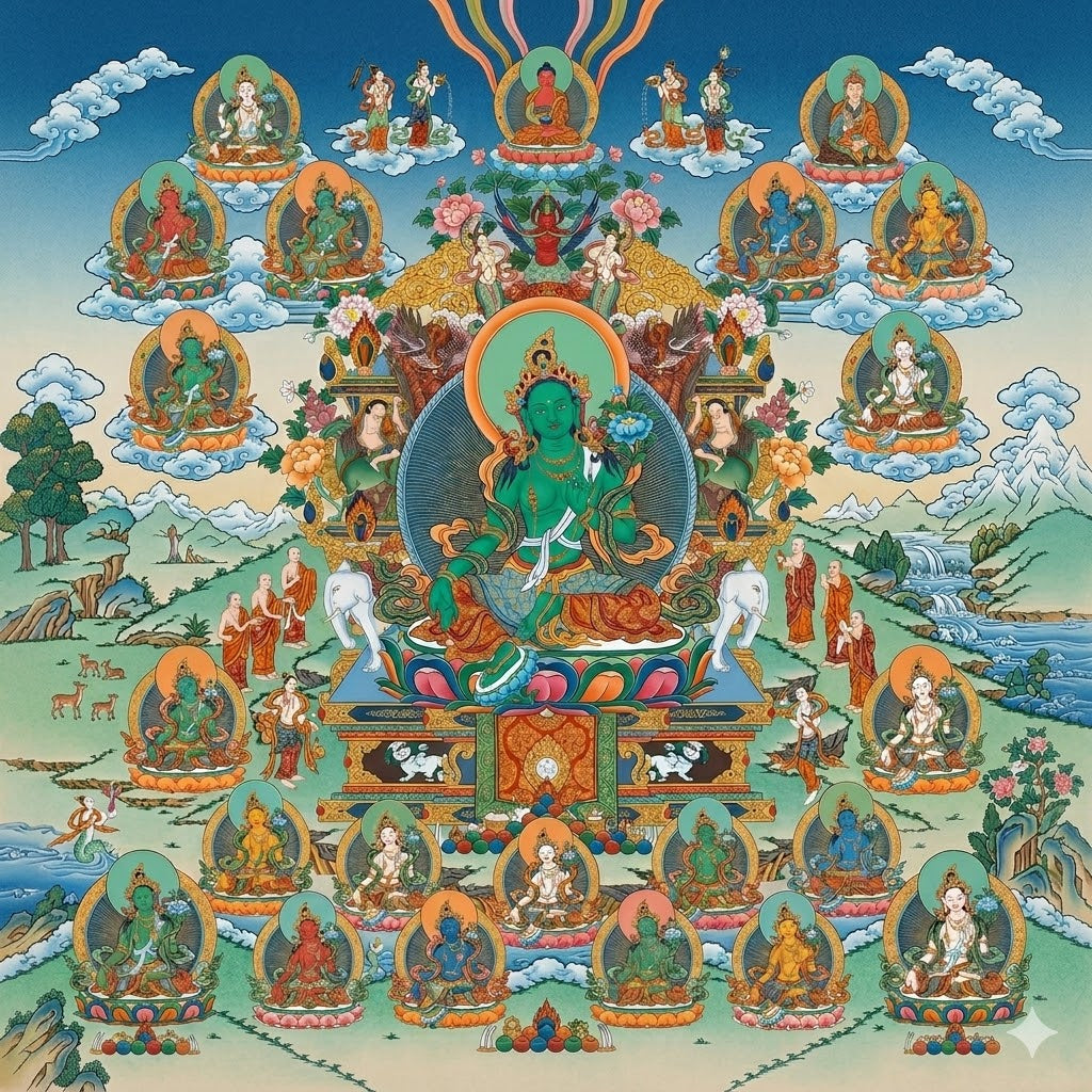 Green Tara 21 Tara Thangka Painting: Mother of Compassion Giclée Canvas Art Reproduction）