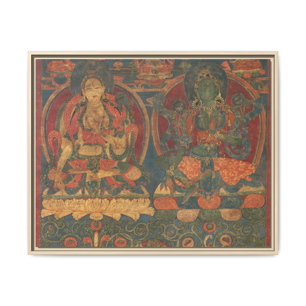 Green Tara White Tara Tibetan Buddhist Thangka  Matte Canvas Framed Art Print