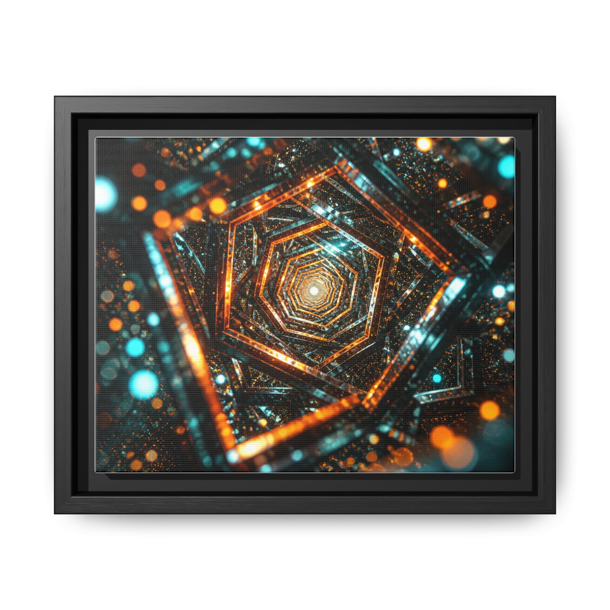 Framed Abstract Geometric Canvas — Multicolor Hexagonal Vortex Wall Art
