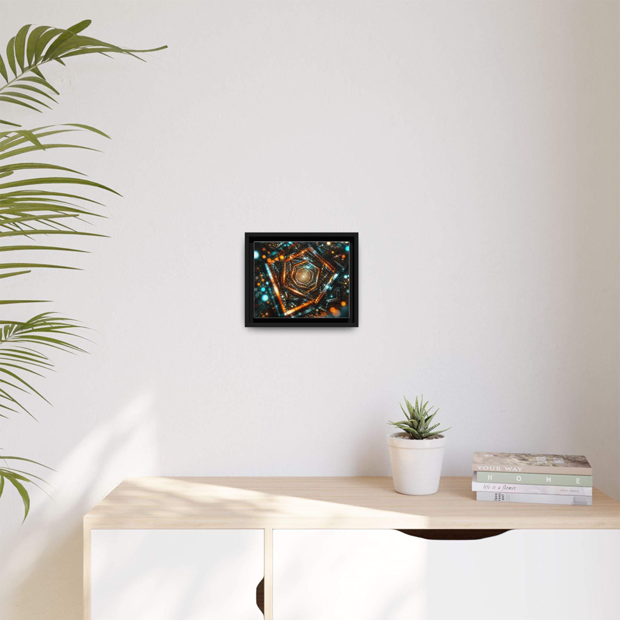 Framed Abstract Geometric Canvas — Multicolor Hexagonal Vortex Wall Art