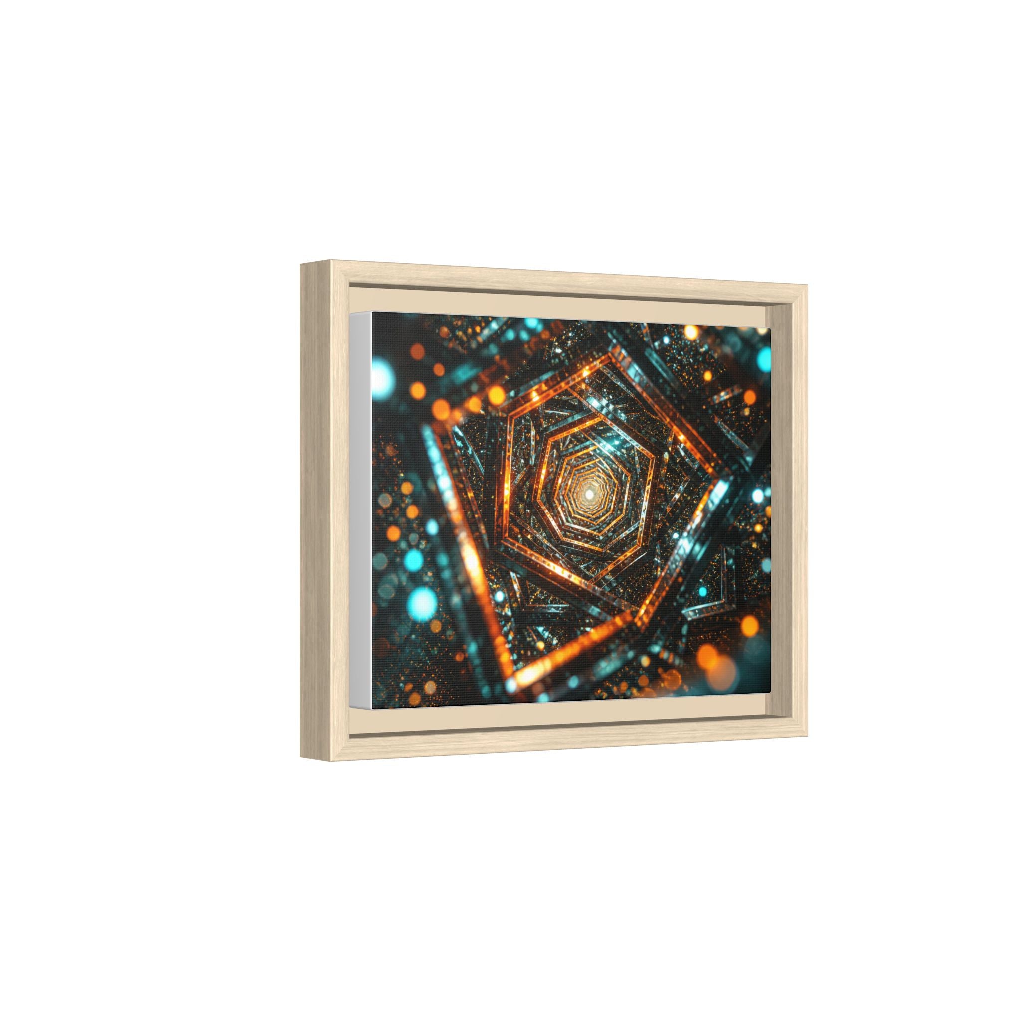 Framed Abstract Geometric Canvas — Multicolor Hexagonal Vortex Wall Art