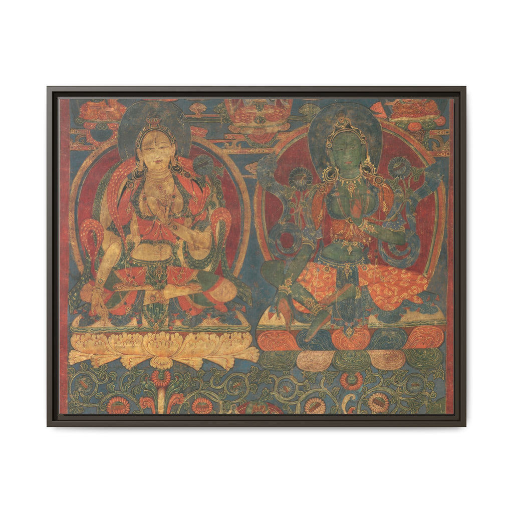 Green Tara White Tara Tibetan Buddhist Thangka  Matte Canvas Framed Art Print