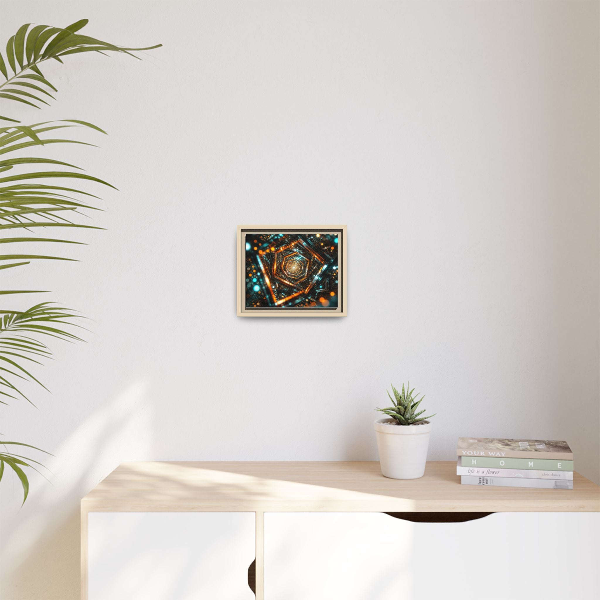 Framed Abstract Geometric Canvas — Multicolor Hexagonal Vortex Wall Art