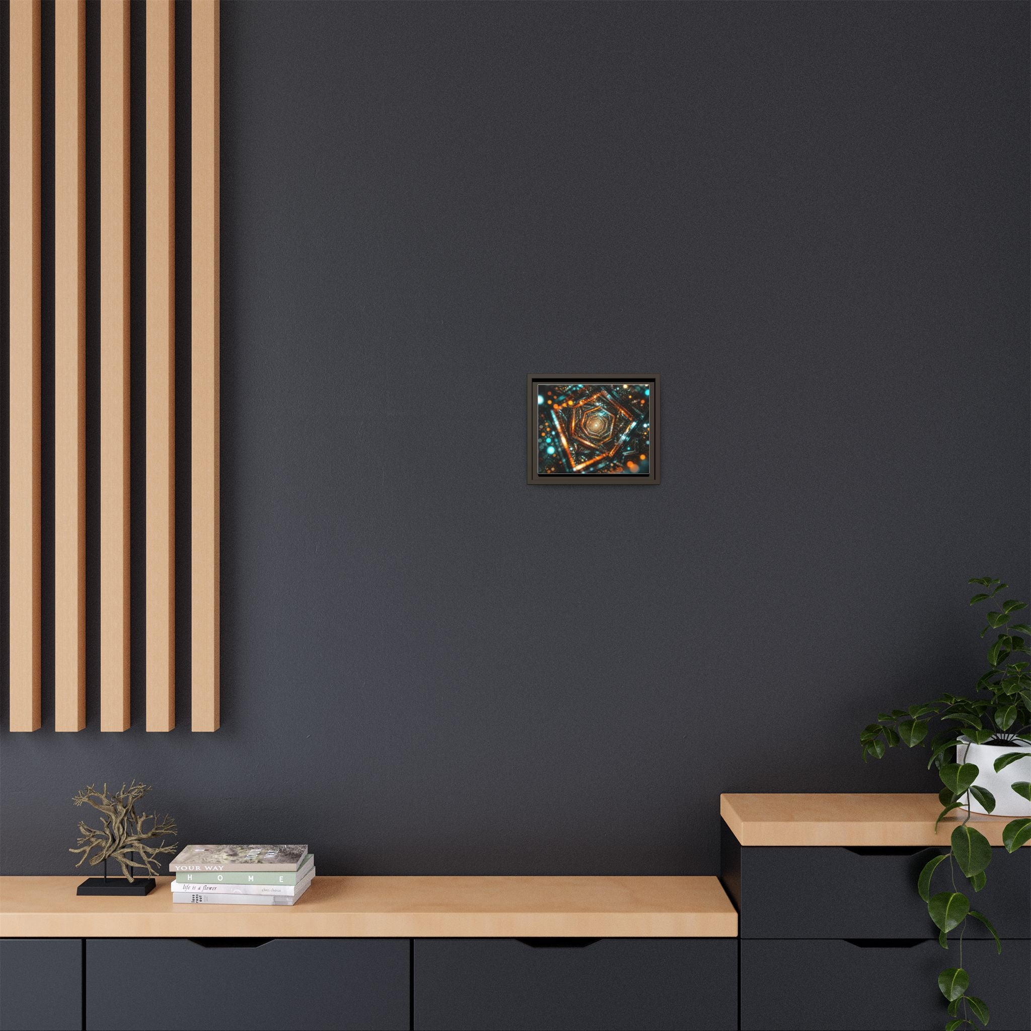 Framed Abstract Geometric Canvas — Multicolor Hexagonal Vortex Wall Art