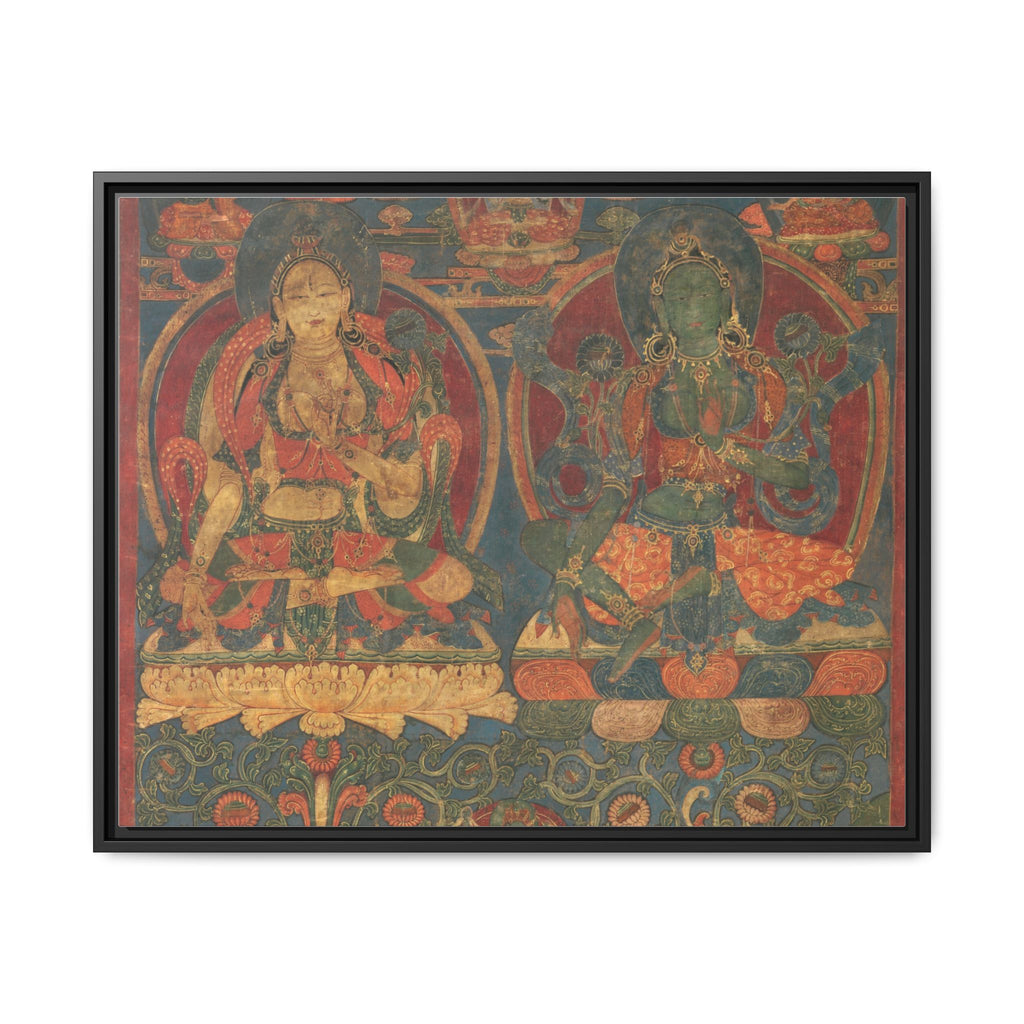 Green Tara White Tara Tibetan Buddhist Thangka  Matte Canvas Framed Art Print