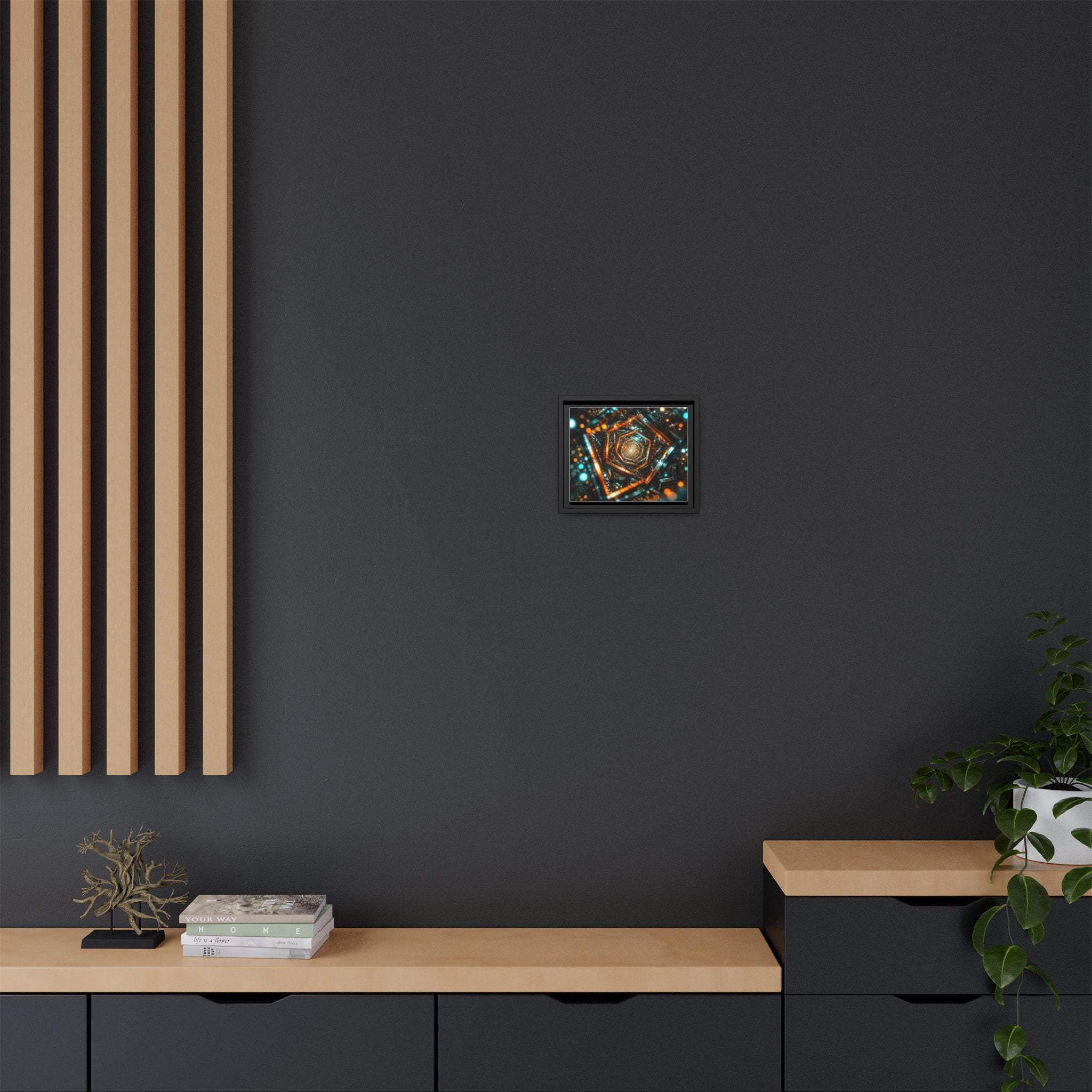 Framed Abstract Geometric Canvas — Multicolor Hexagonal Vortex Wall Art