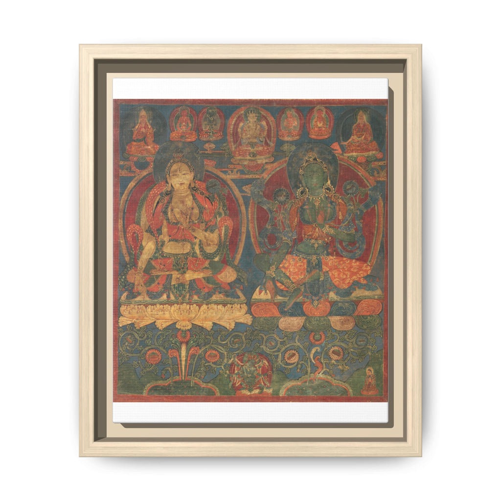 Green Tara White Tara Tibetan Buddhist Thangka  Matte Canvas Framed Art Print