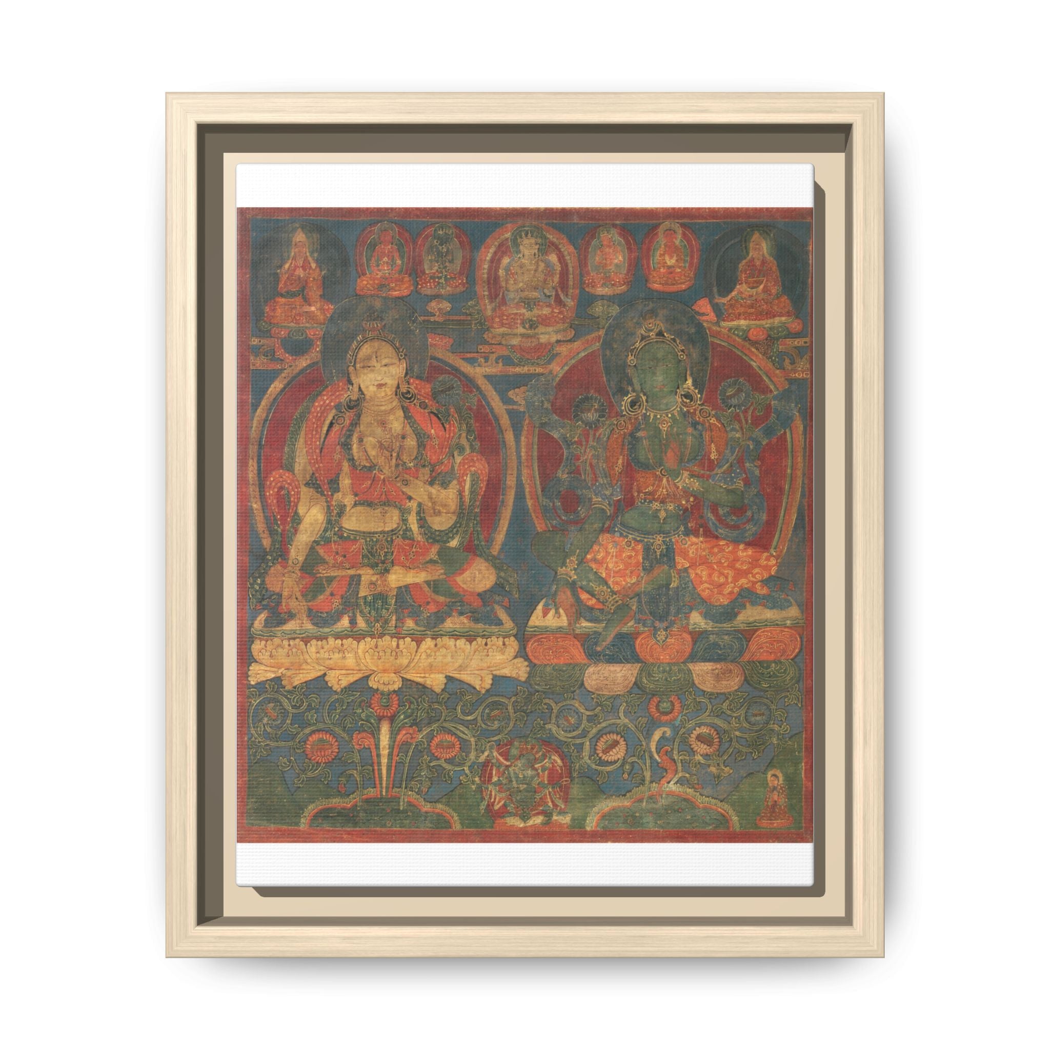 Green Tara White Tara Tibetan Buddhist Thangka  Matte Canvas Framed Art Print