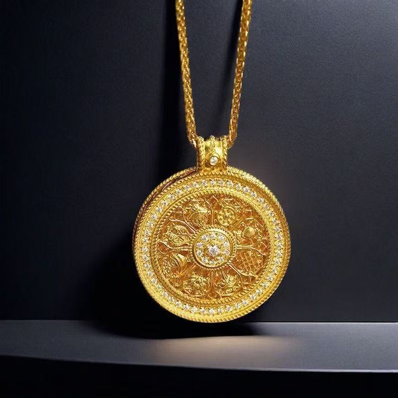 Sand Gold Six-Character Mantra Rotating Eight Auspicious Symbols Compass Pendant Necklace