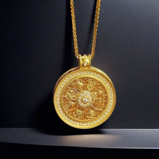Sand Gold Six-Character Mantra Rotating Eight Auspicious Symbols Compass Pendant Necklace