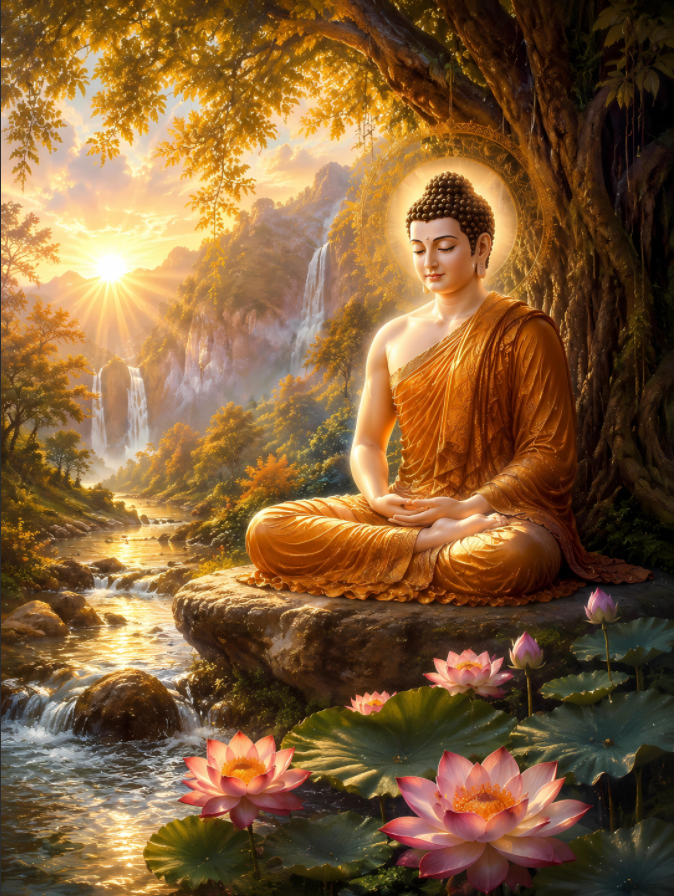 Buddha Meditation Art Print – Serene Nature Landscape Wall Art (50×70 cm)