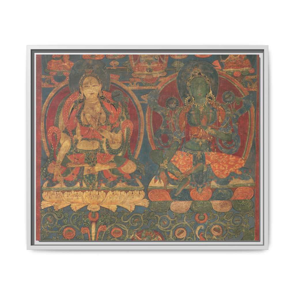 Green Tara White Tara Tibetan Buddhist Thangka  Matte Canvas Framed Art Print