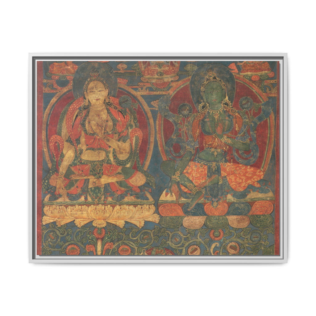 Green Tara White Tara Tibetan Buddhist Thangka  Matte Canvas Framed Art Print
