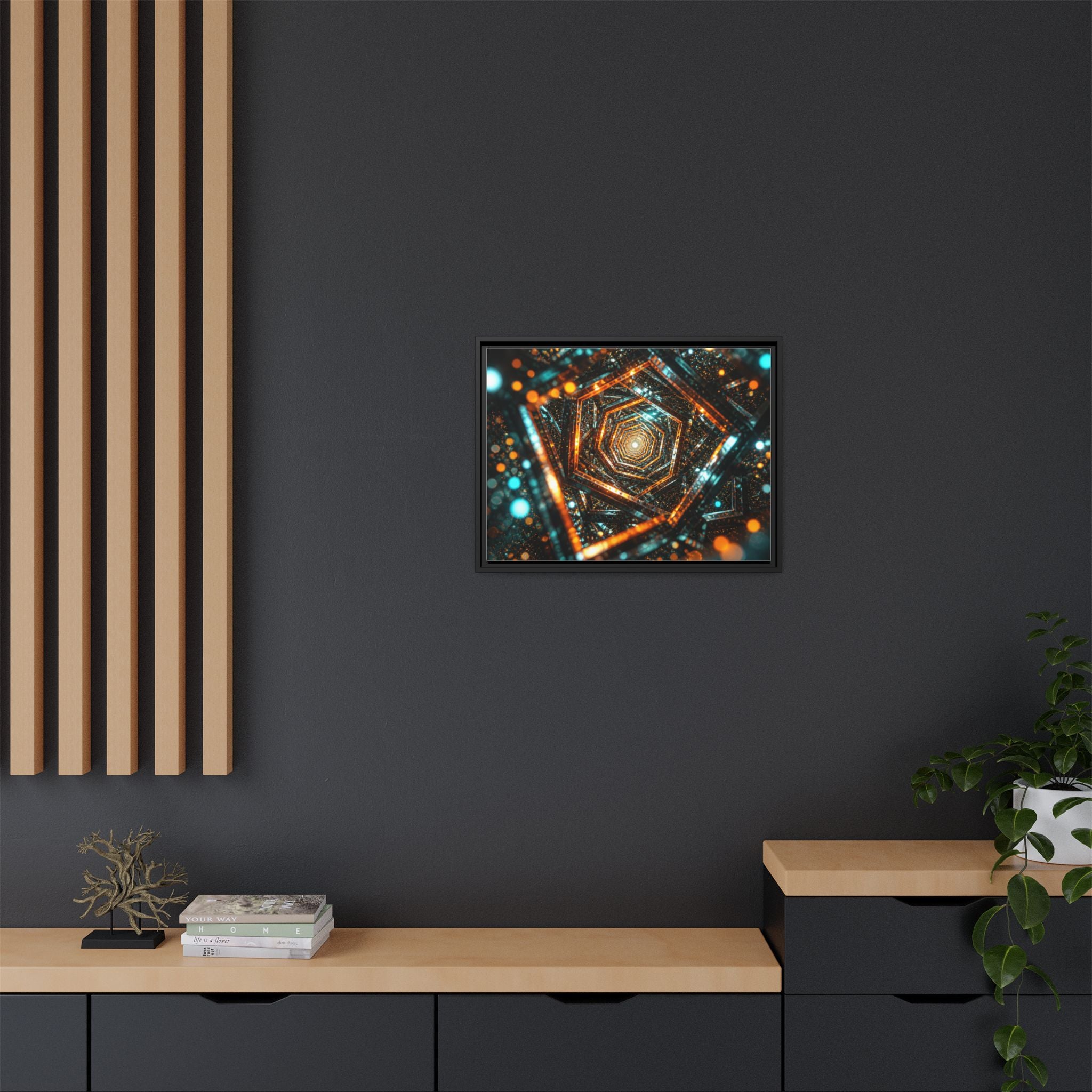 Framed Abstract Geometric Canvas — Multicolor Hexagonal Vortex Wall Art