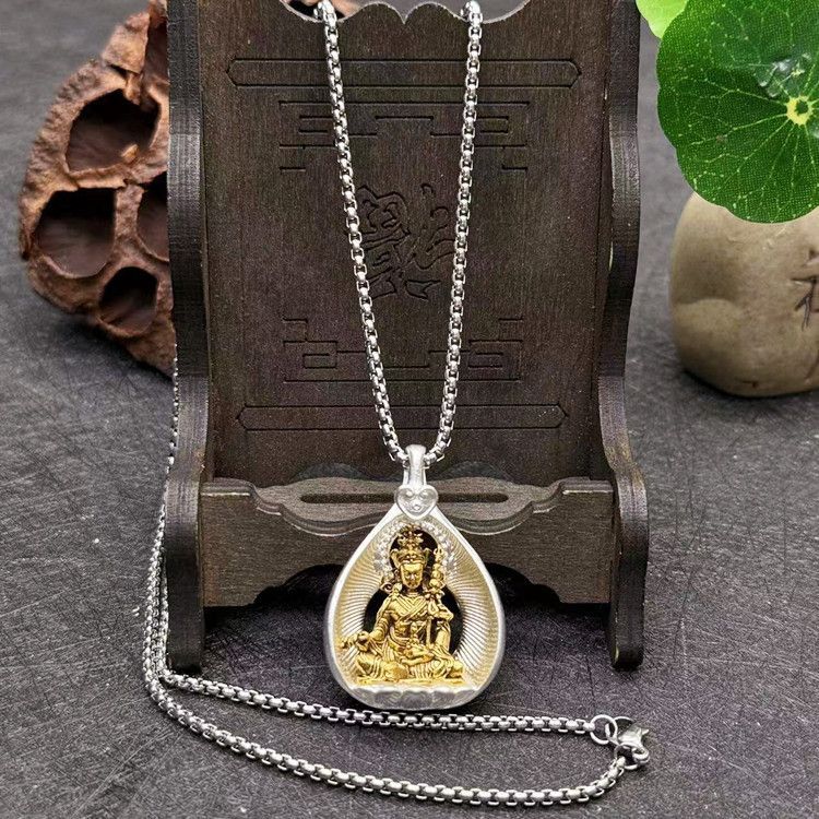 Bodhi Leaf Pendant, Tibetan-style Alloy with Silver Plating, Vintage Ethnic Unisex Necklace Pendant, Shakyamuni Buddha and Ksitigarbha Amulet Necklace Pendant