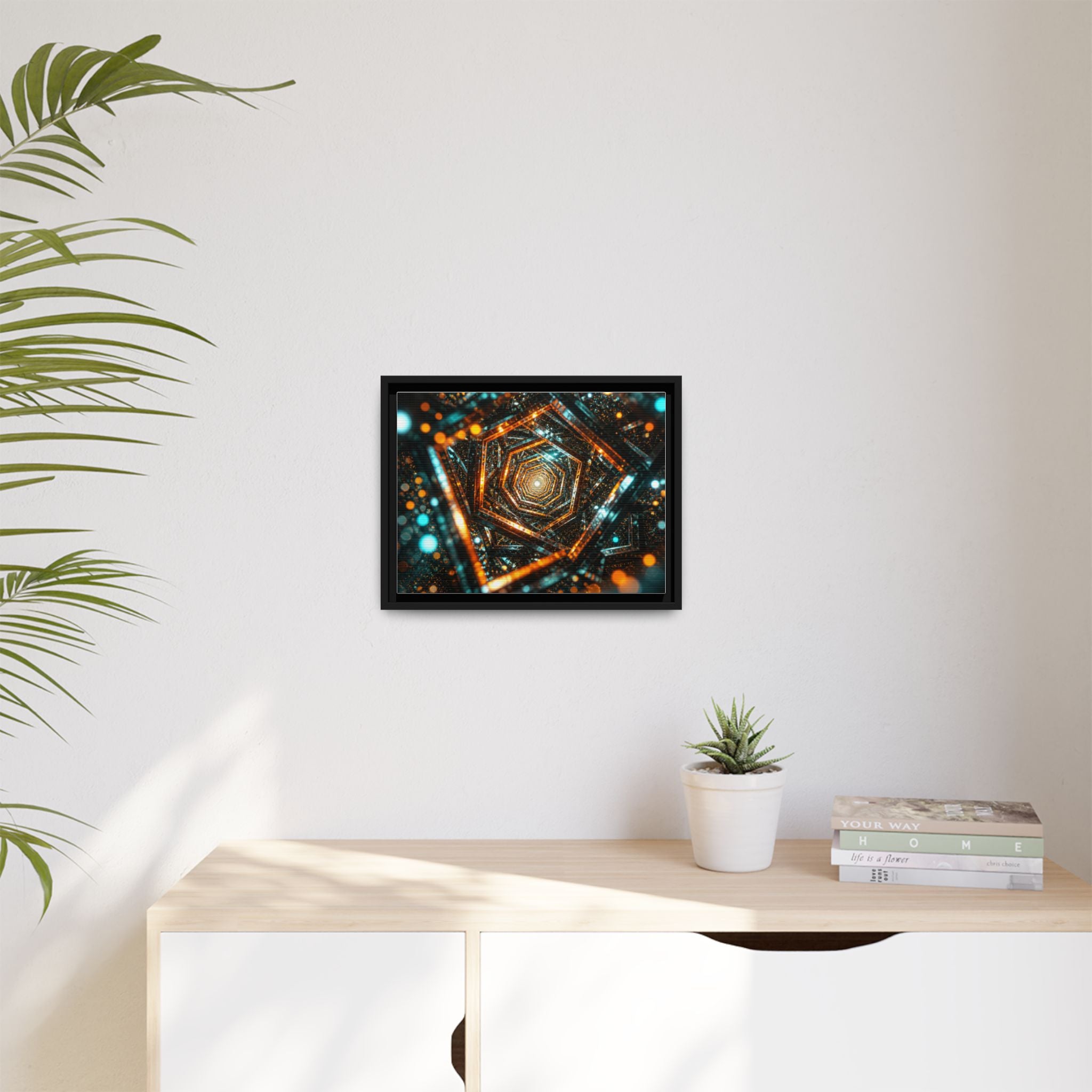 Framed Abstract Geometric Canvas — Multicolor Hexagonal Vortex Wall Art