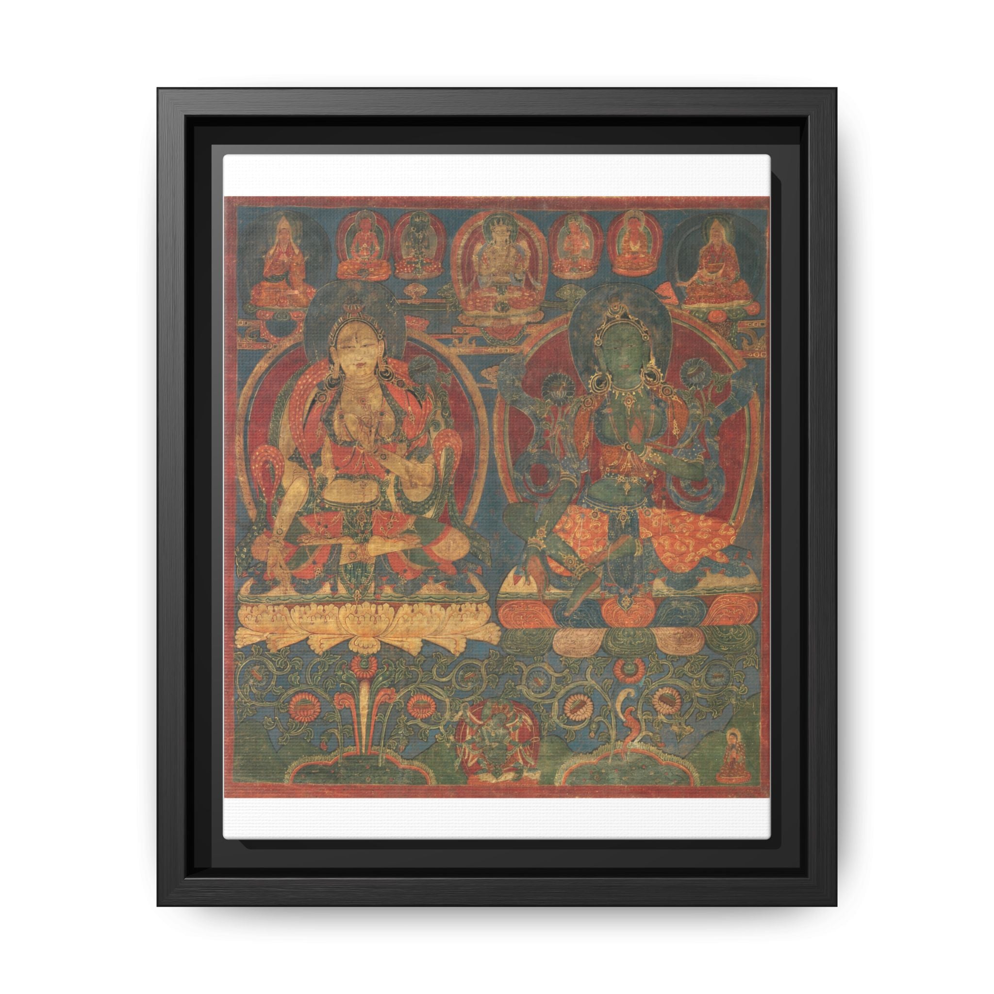 Green Tara White Tara Tibetan Buddhist Thangka  Matte Canvas Framed Art Print