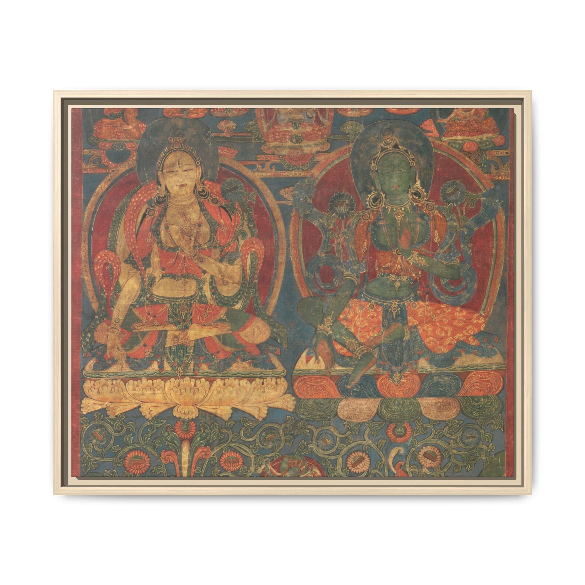 Green Tara White Tara Tibetan Buddhist Thangka  Matte Canvas Framed Art Print