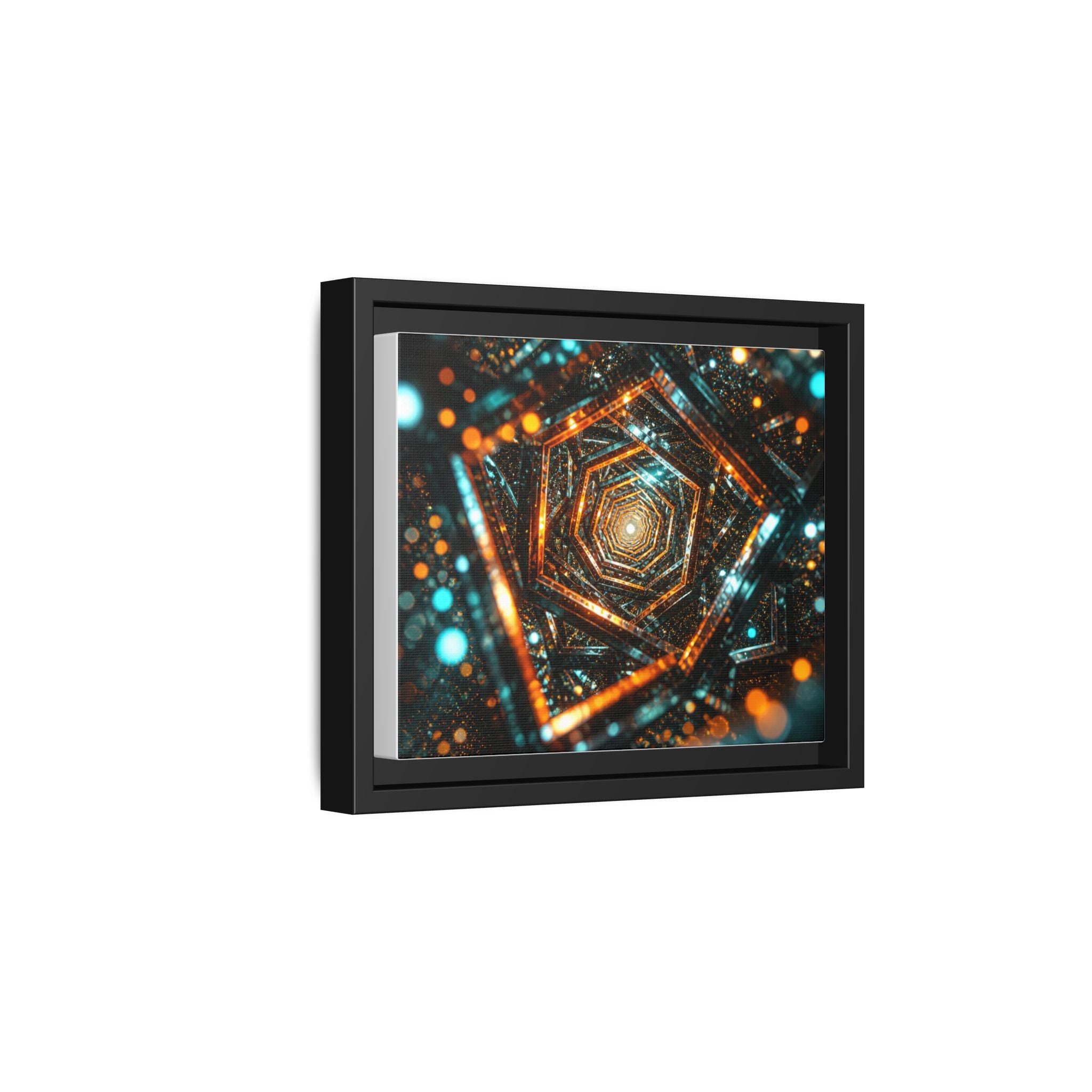 Framed Abstract Geometric Canvas — Multicolor Hexagonal Vortex Wall Art