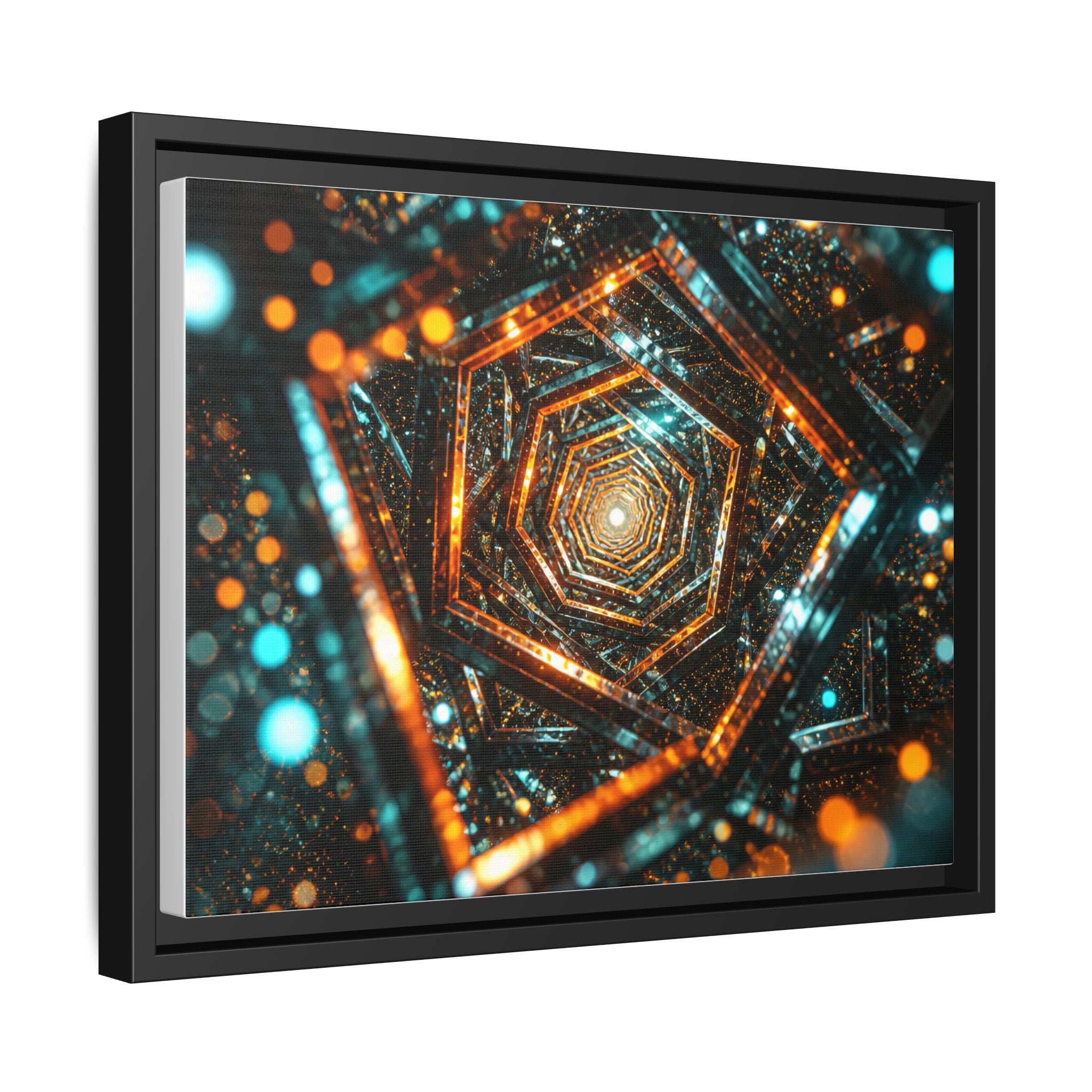 Framed Abstract Geometric Canvas — Multicolor Hexagonal Vortex Wall Art