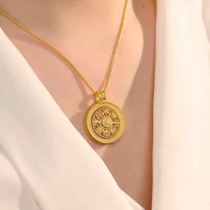 Sand Gold Six-Character Mantra Rotating Eight Auspicious Symbols Compass Pendant Necklace