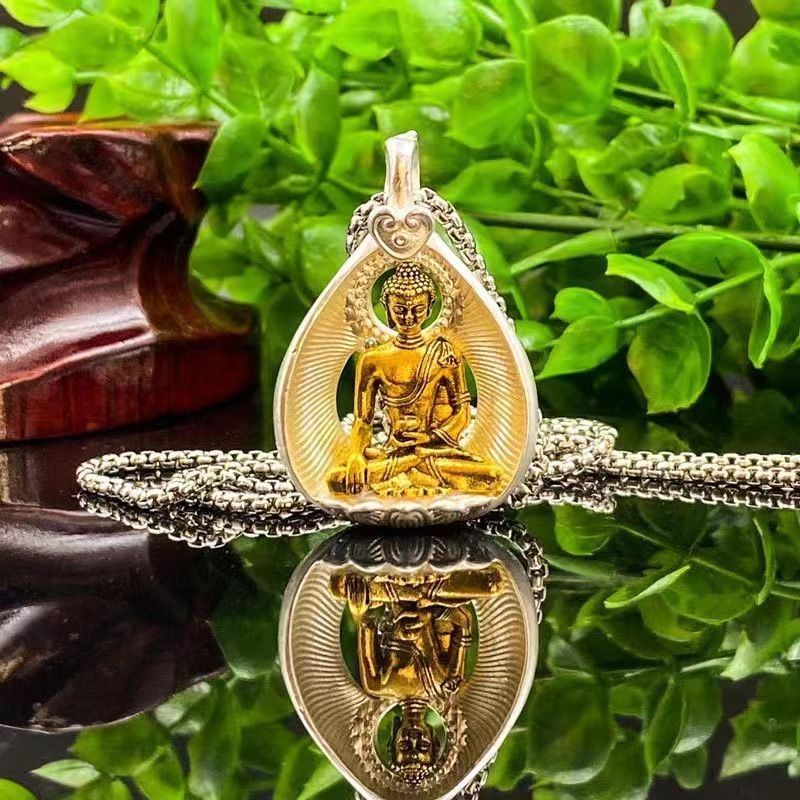 Bodhi Leaf Pendant, Tibetan-style Alloy with Silver Plating, Vintage Ethnic Unisex Necklace Pendant, Shakyamuni Buddha and Ksitigarbha Amulet Necklace Pendant