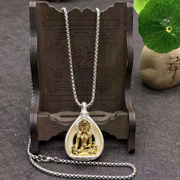 Bodhi Leaf Pendant, Tibetan-style Alloy with Silver Plating, Vintage Ethnic Unisex Necklace Pendant, Shakyamuni Buddha and Ksitigarbha Amulet Necklace Pendant