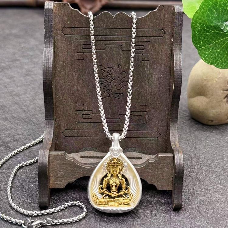 Bodhi Leaf Pendant, Tibetan-style Alloy with Silver Plating, Vintage Ethnic Unisex Necklace Pendant, Shakyamuni Buddha and Ksitigarbha Amulet Necklace Pendant
