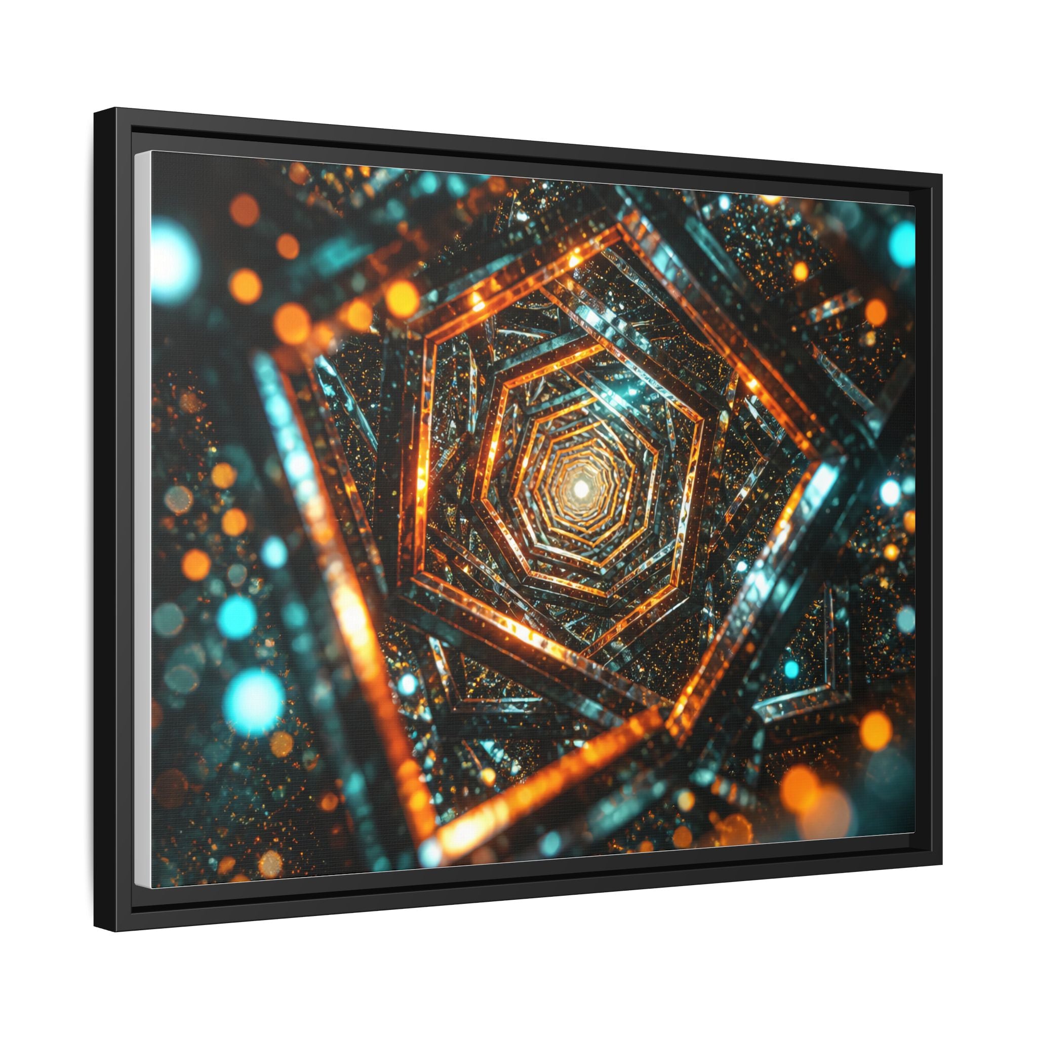 Framed Abstract Geometric Canvas — Multicolor Hexagonal Vortex Wall Art