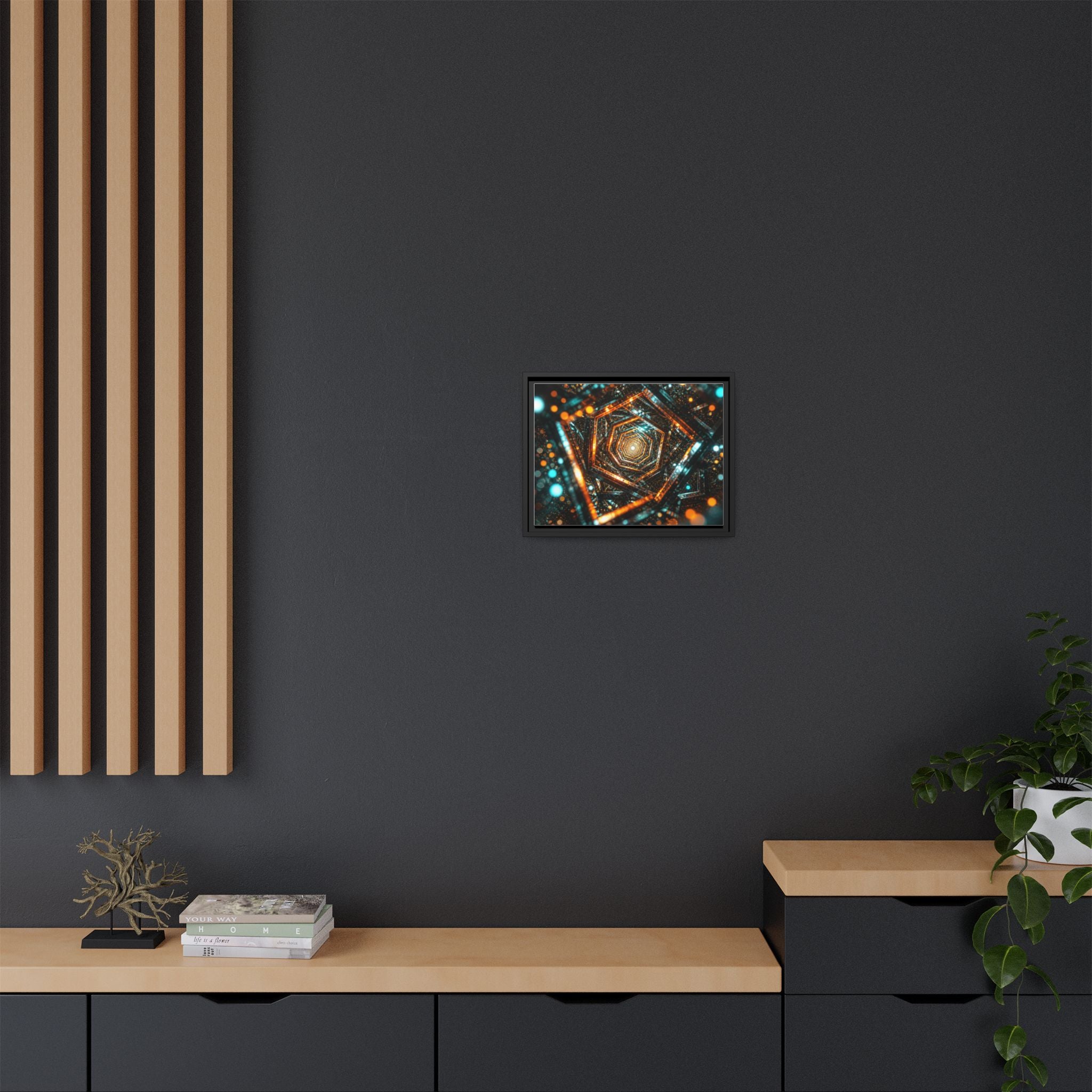 Framed Abstract Geometric Canvas — Multicolor Hexagonal Vortex Wall Art