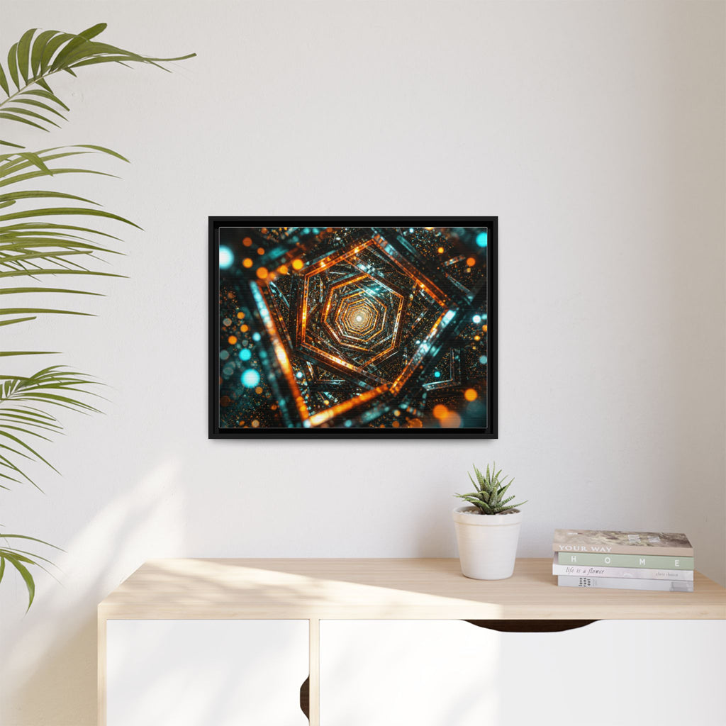 Framed Abstract Geometric Canvas — Multicolor Hexagonal Vortex Wall Art