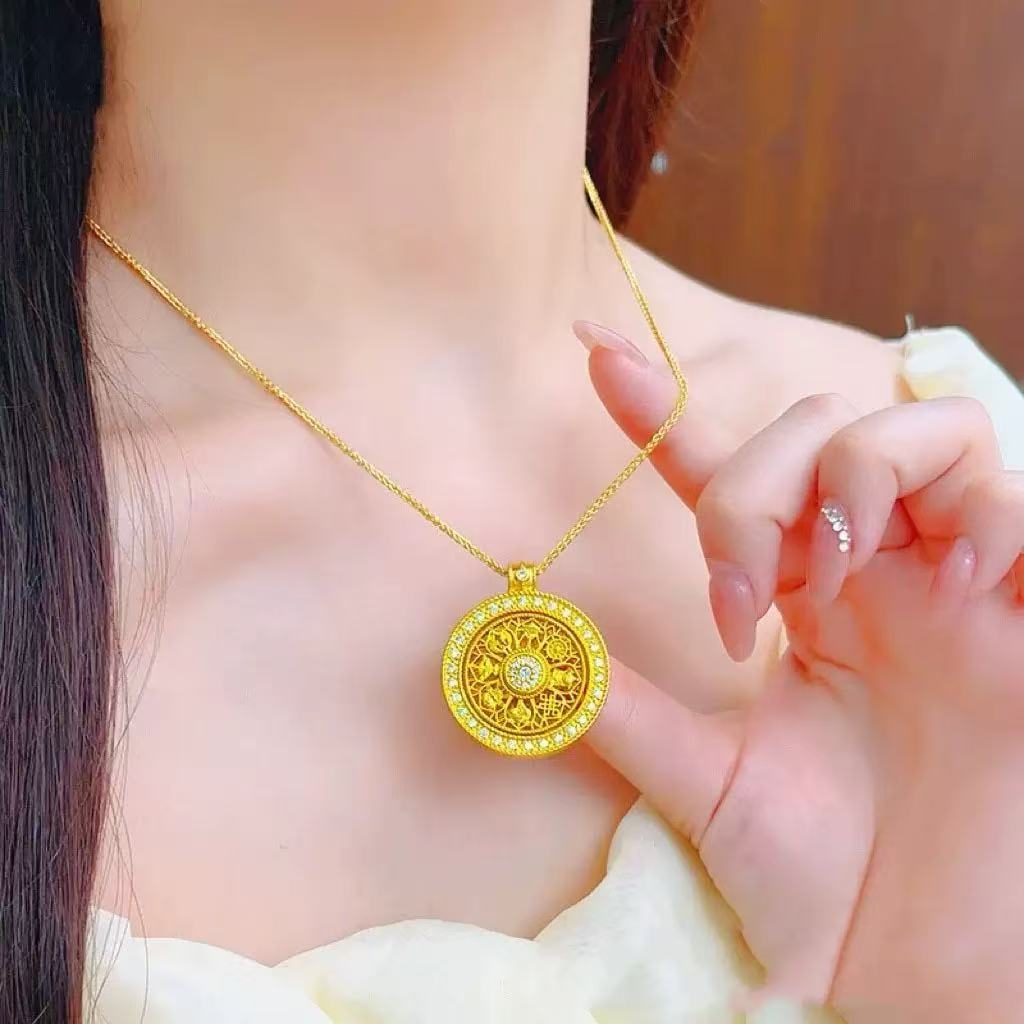 Sand Gold Six-Character Mantra Rotating Eight Auspicious Symbols Compass Pendant Necklace