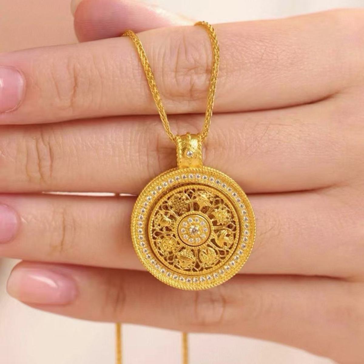 Sand Gold Six-Character Mantra Rotating Eight Auspicious Symbols Compass Pendant Necklace