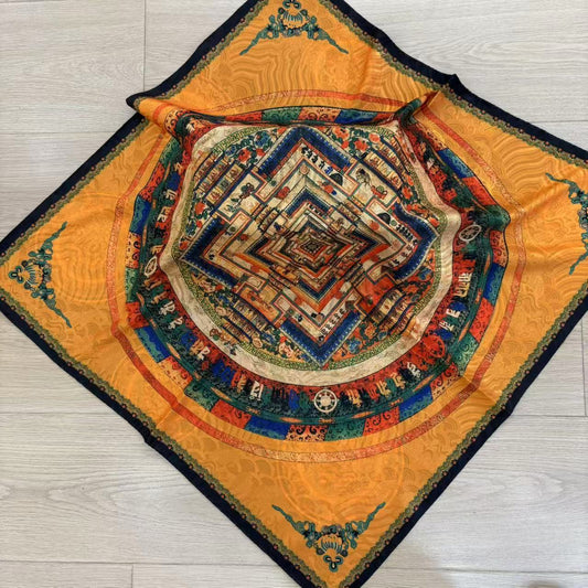 Yellow mandala thangka xiangyun gauze dragon scale pattern 70*70 small square scarf silk scarf shawl national style eleganteasiest for match