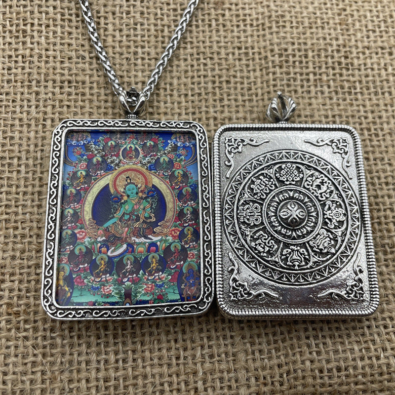 Guanyin tears avatar 21 green tara pendant thangka retro thai silver necklace
