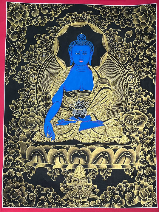 Nepalese master's pure handmade medicine buddha thangka, hand-painted with mineral raw materials, dignified and kind face