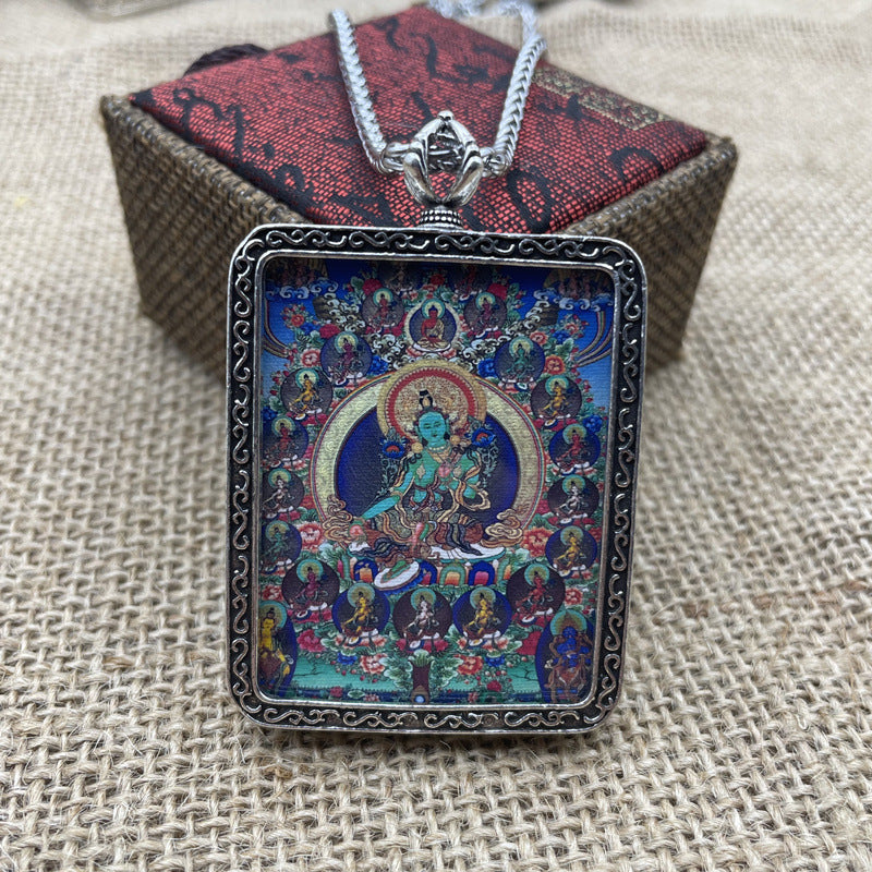 Guanyin tears avatar 21 green tara pendant thangka retro thai silver necklace