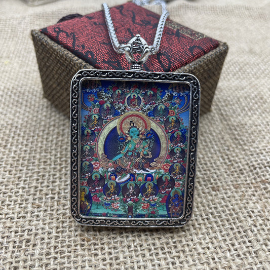 Guanyin tears avatar 21 green tara pendant thangka retro thai silver necklace
