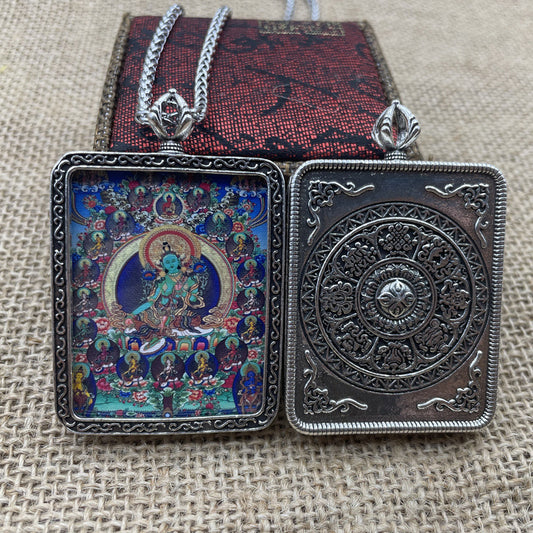 Guanyin tears avatar 21 green tara pendant thangka retro thai silver necklace