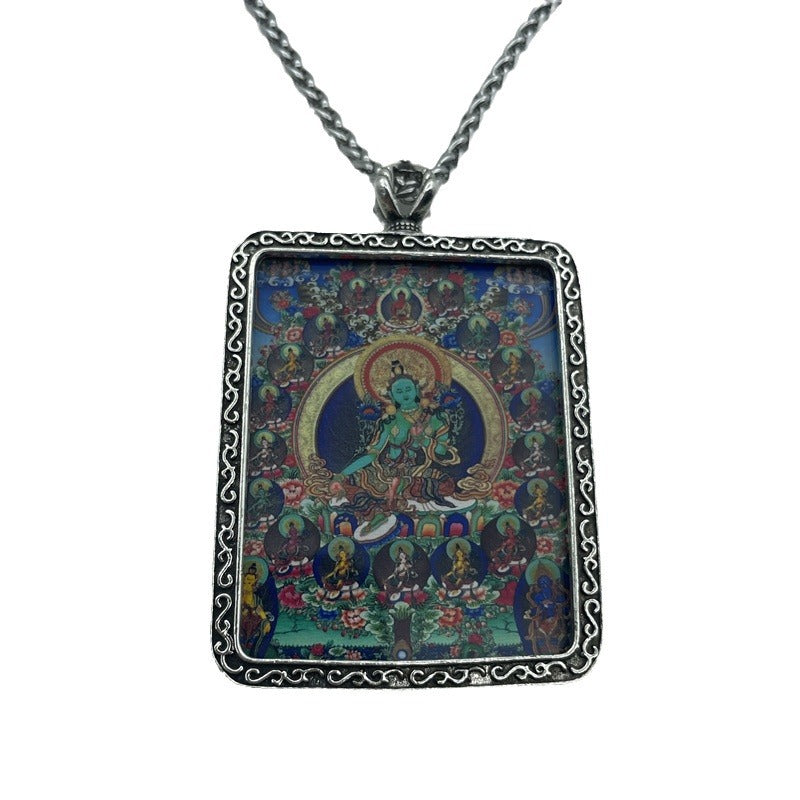 Guanyin tears avatar 21 green tara pendant thangka retro thai silver necklace
