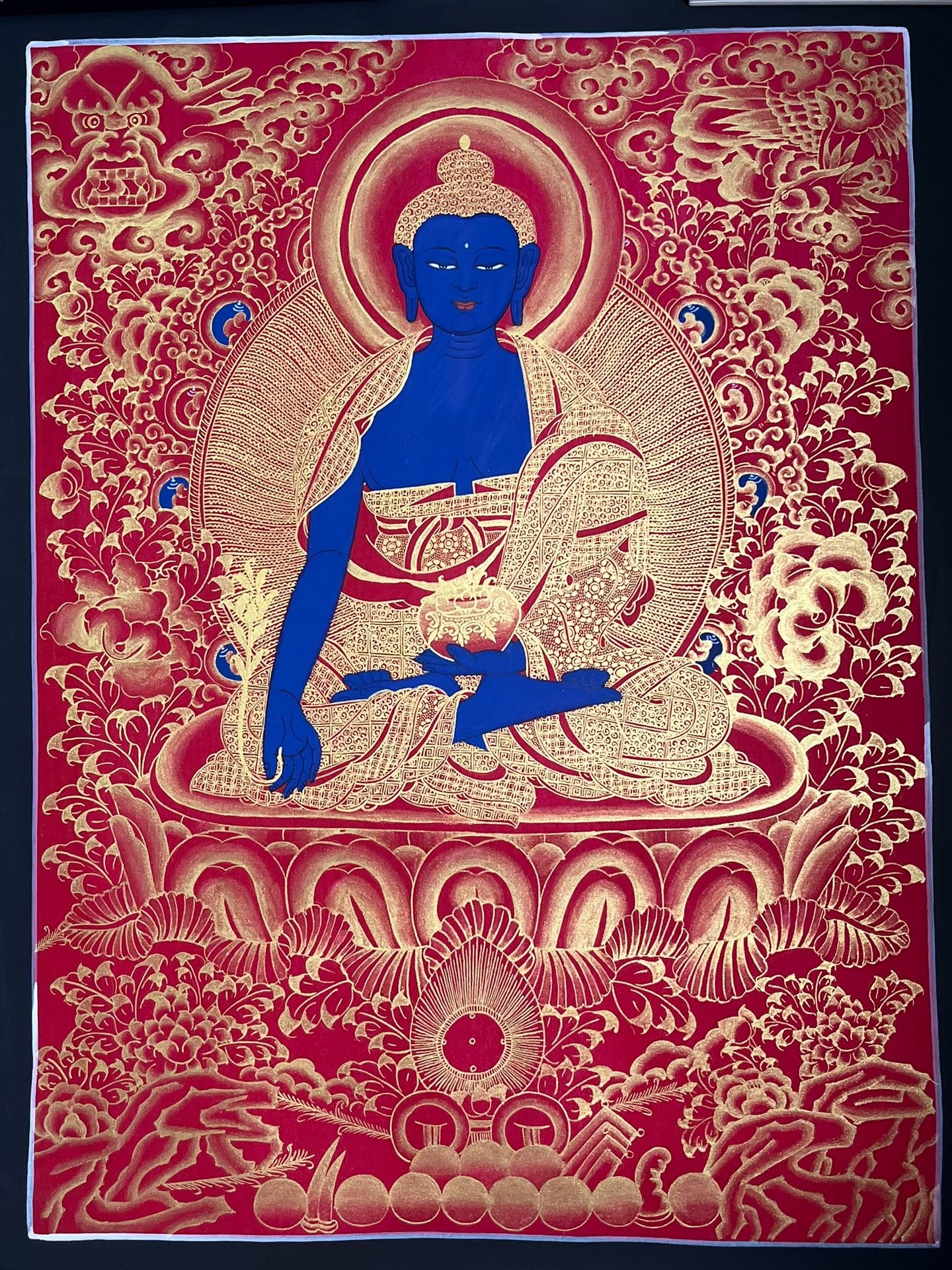 Nepalese master's pure handmade medicine buddha thangka, hand-painted with mineral raw materials, dignified and kind face