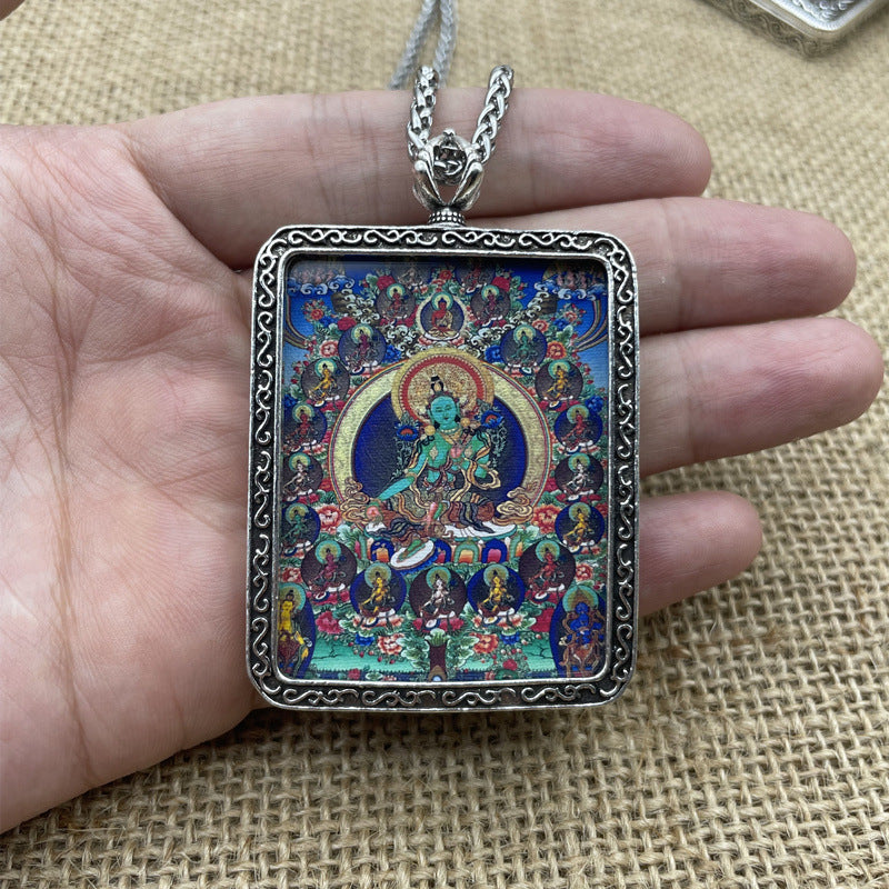 Guanyin tears avatar 21 green tara pendant thangka retro thai silver necklace