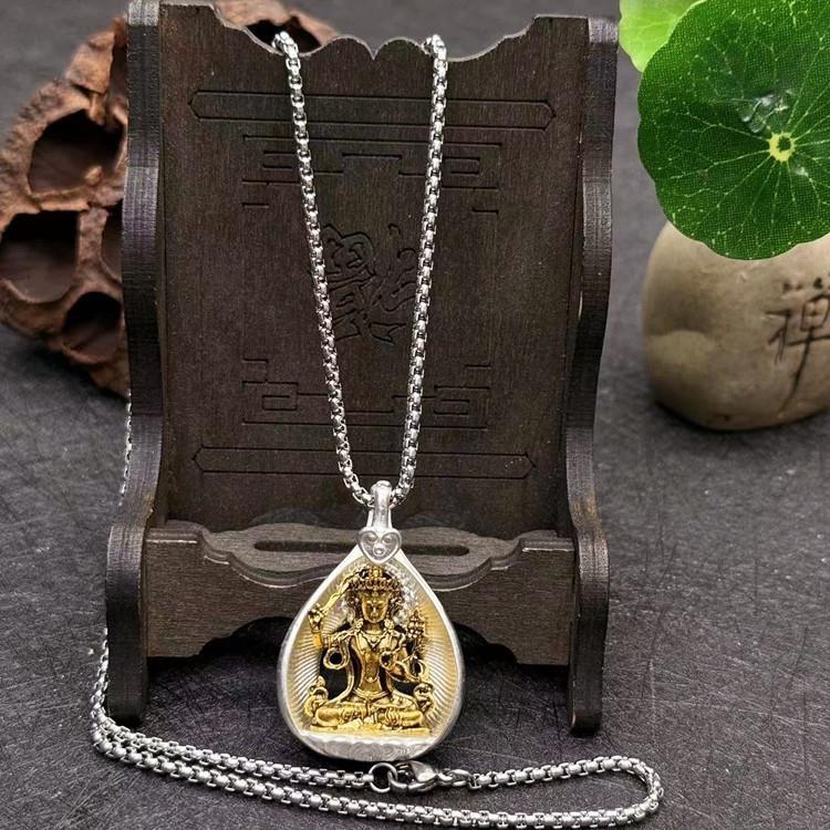 Bodhi Leaf Pendant, Tibetan-style Alloy with Silver Plating, Vintage Ethnic Unisex Necklace Pendant, Shakyamuni Buddha and Ksitigarbha Amulet Necklace Pendant