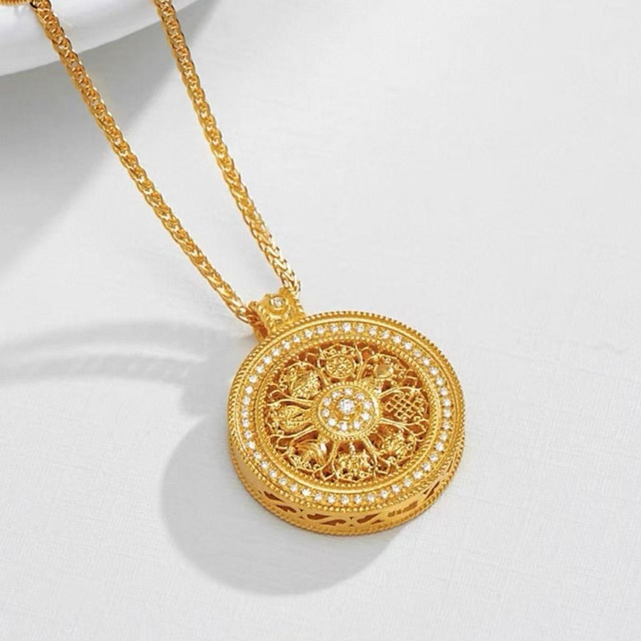 Sand Gold Six-Character Mantra Rotating Eight Auspicious Symbols Compass Pendant Necklace