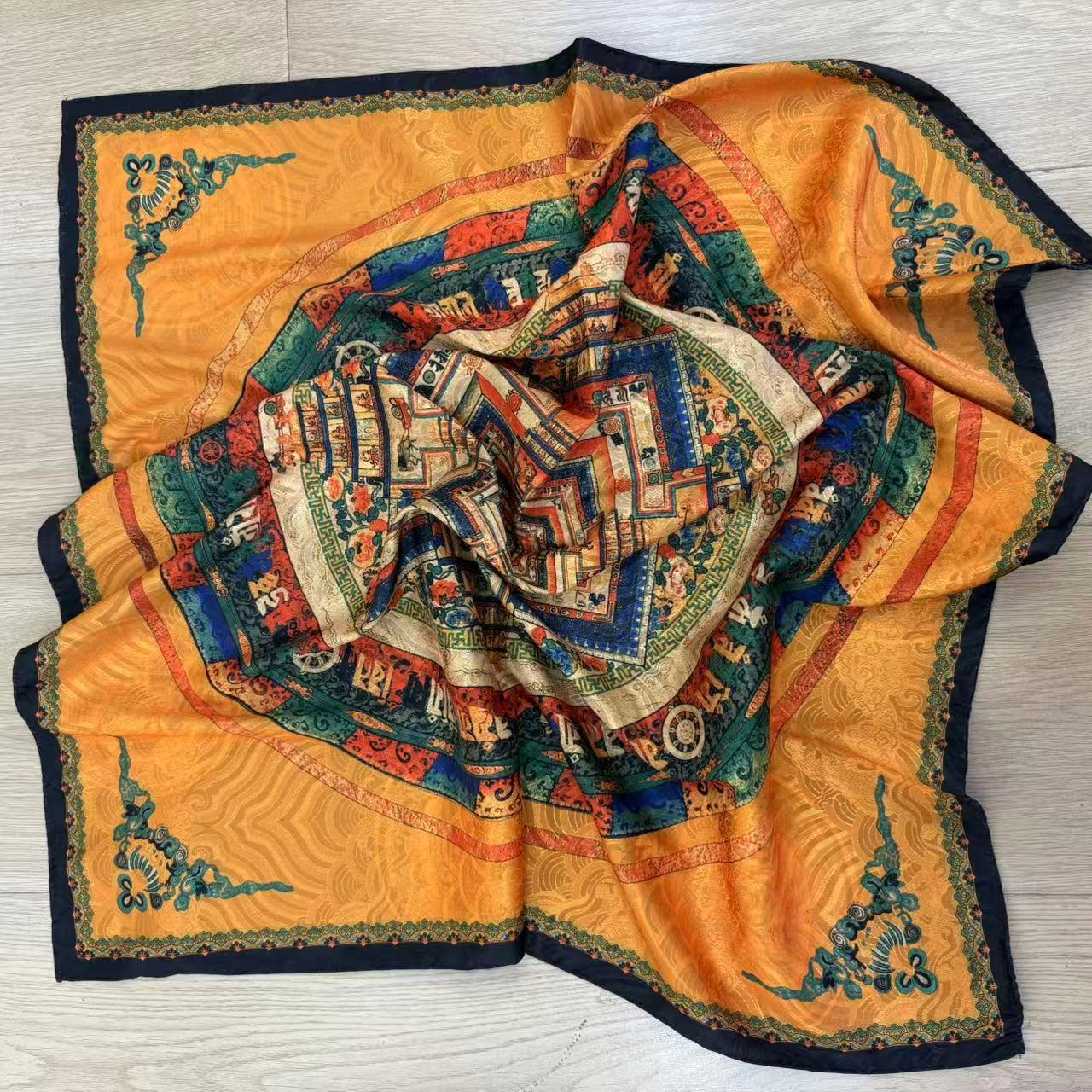 Yellow mandala thangka xiangyun gauze dragon scale pattern 70*70 small square scarf silk scarf shawl national style eleganteasiest for match