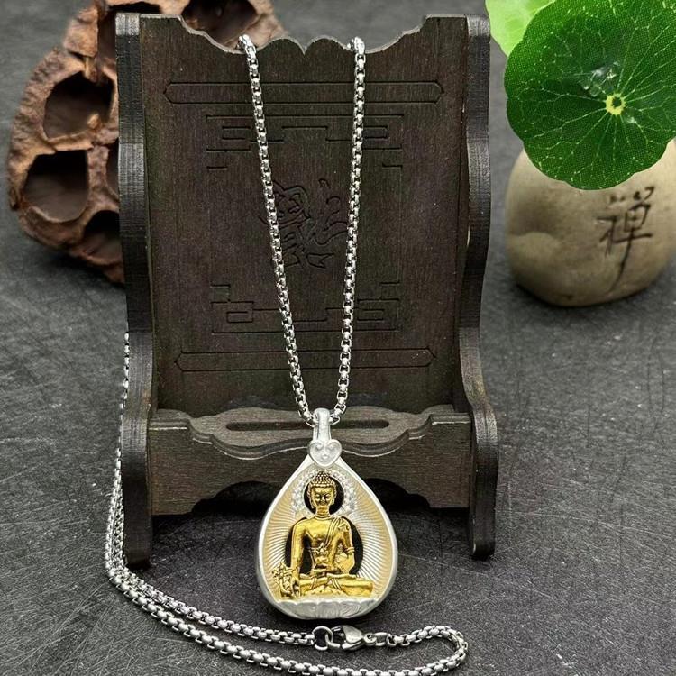 Bodhi Leaf Pendant, Tibetan-style Alloy with Silver Plating, Vintage Ethnic Unisex Necklace Pendant, Shakyamuni Buddha and Ksitigarbha Amulet Necklace Pendant